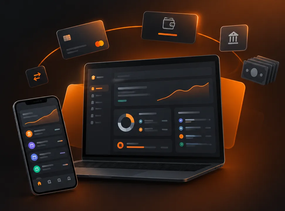 Trivis Finanzas en una laptop, rodeada de tarjetas, billeteras, bancos y efectivo
